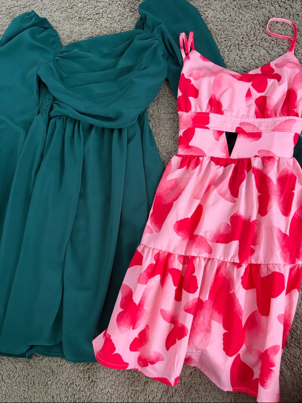 Girls Pink & Teal Floral Tiered Sundress and Teal Puff-Sleeve Dress Set